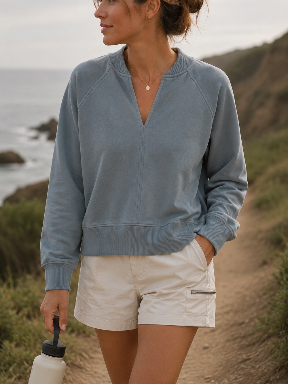 Athleta Eastbound Sweatshirt Slate Blue Ribbed V Neck Pullover Size Women’s M